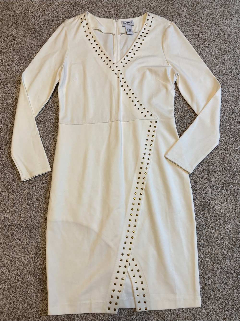 Carmen Marc Valvo Cream Long-Sleeve Stud-Detail Sheath Dress